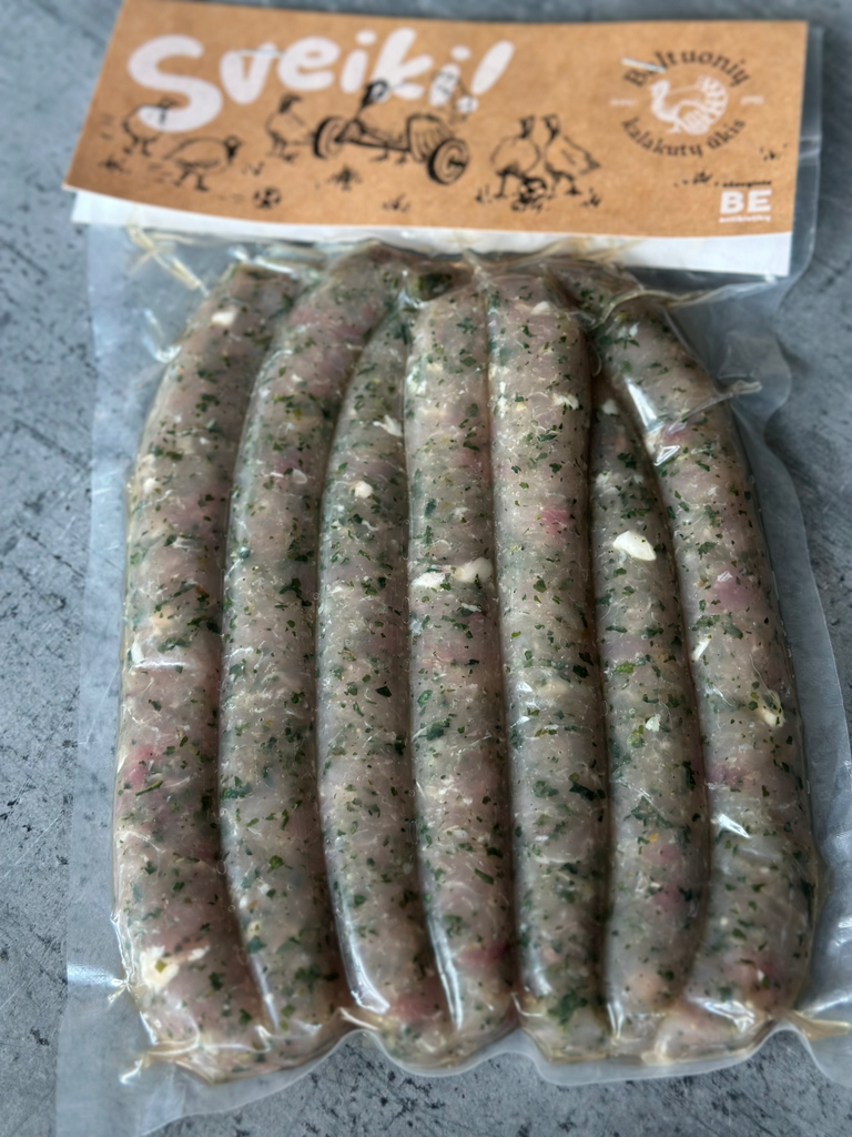 Kalakutienos dešrelės "Klasikinės" BE KITŲ PAUKŠTIENOS DALIŲ 500-600g