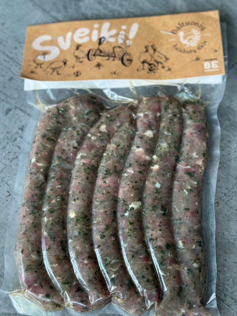 Kalakutienos dešrelės "Aromatingos" BE KITŲ PAUKŠTIENOS DALIŲ (Sušaldytos) 500-600g